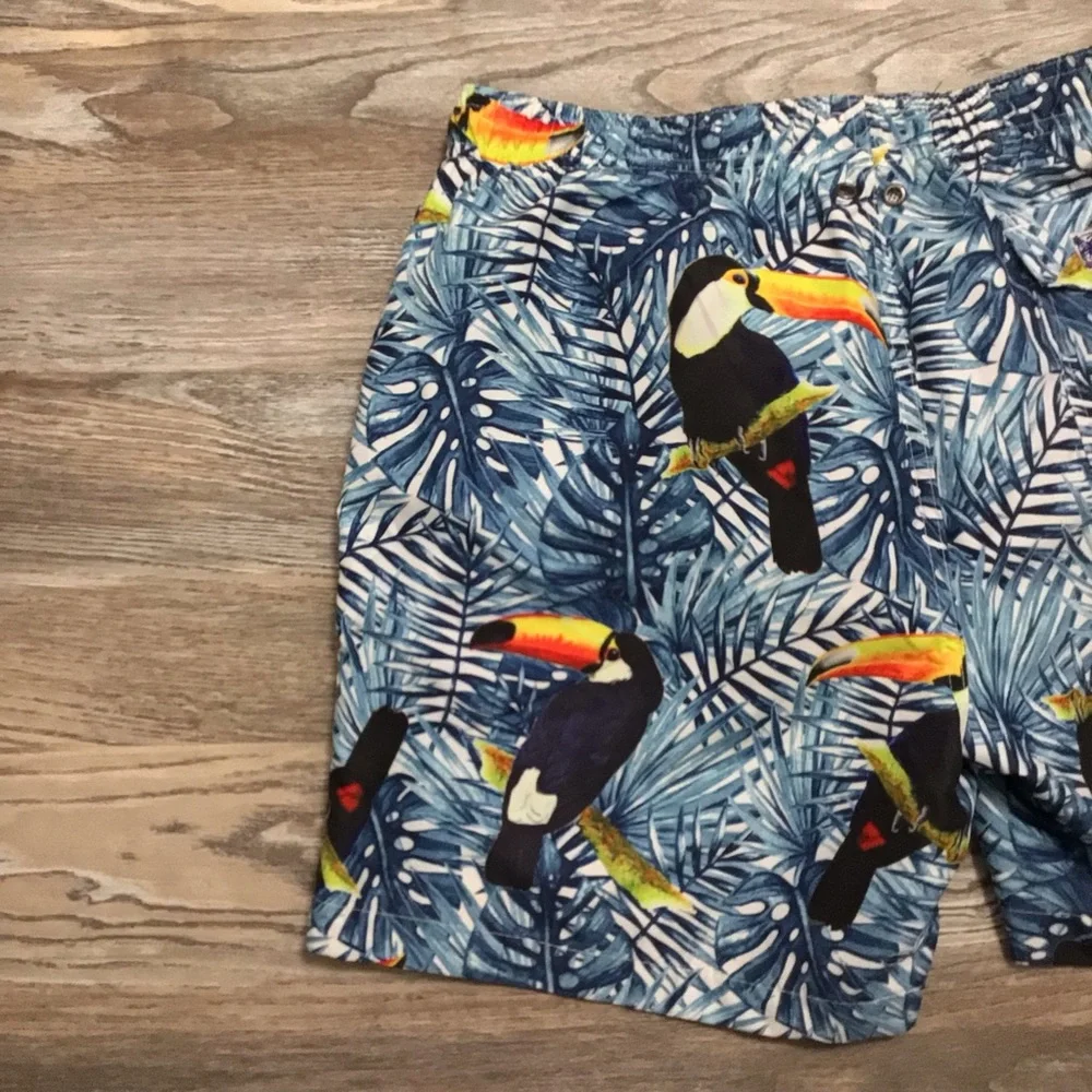 Trunks Surf & Swim Co Blue Tropical Tucan Print Mesh Lining Swim Trunks Medium